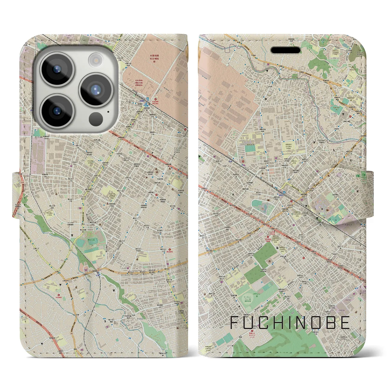 【淵野辺(神奈川県)】地図柄iPhoneケース(手帳タイプ)ナチュラル・iPhone 15 Pro 用