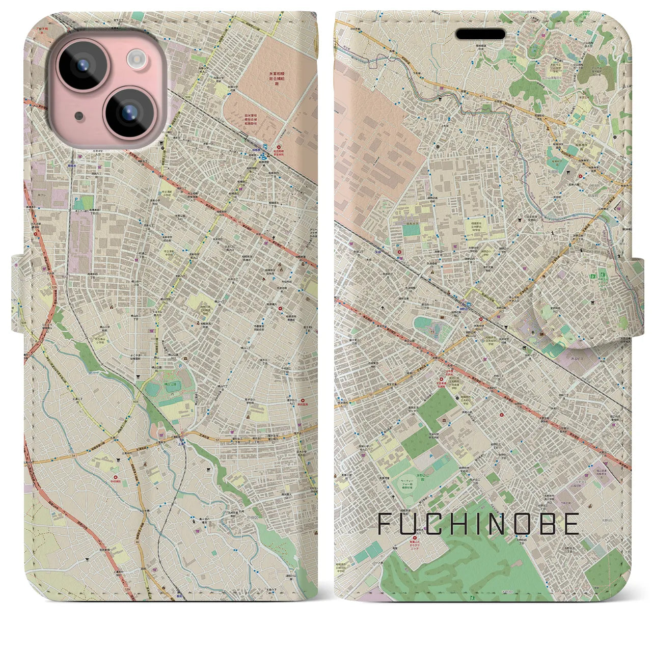 【淵野辺(神奈川県)】地図柄iPhoneケース(手帳タイプ)ナチュラル・iPhone 15 Plus 用