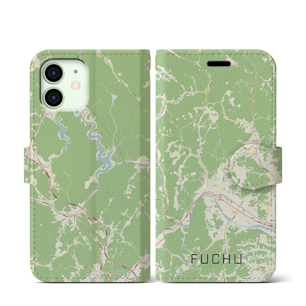 【府中(広島県)】地図柄iPhoneケース(手帳タイプ)ナチュラル・iPhone 12 mini 用