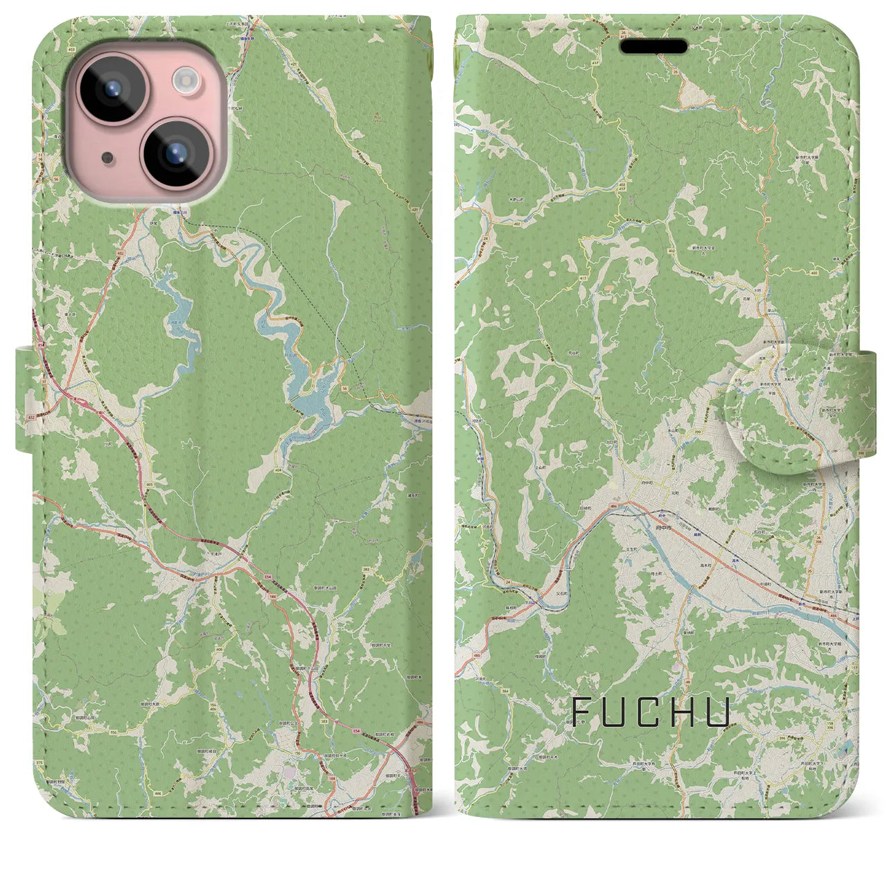【府中(広島県)】地図柄iPhoneケース(手帳タイプ)ナチュラル・iPhone 15 Plus 用