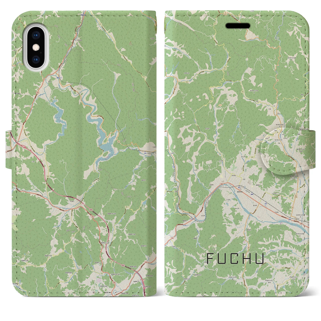 【府中(広島県)】地図柄iPhoneケース(手帳タイプ)ナチュラル・iPhone XS Max 用