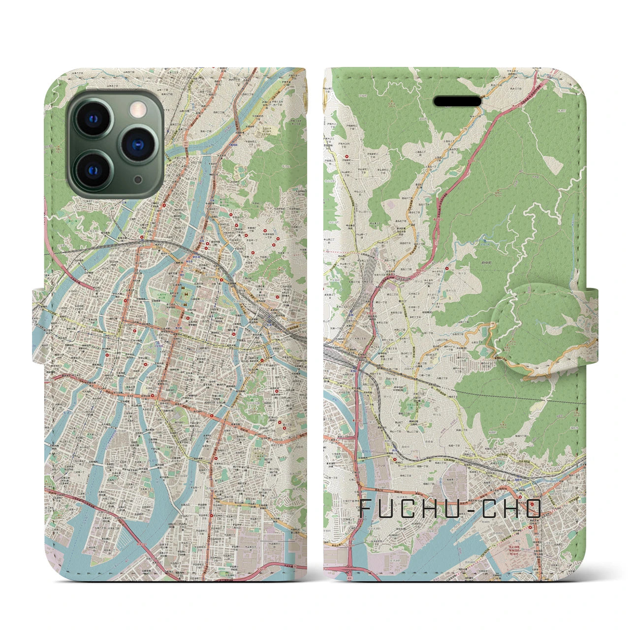 【府中町(広島県)】地図柄iPhoneケース(手帳タイプ)ナチュラル・iPhone 11 Pro 用