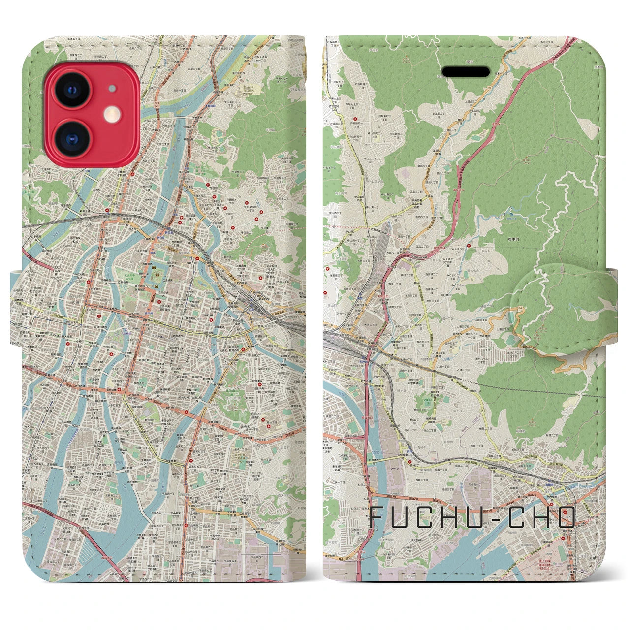 【府中町(広島県)】地図柄iPhoneケース(手帳タイプ)ナチュラル・iPhone 11 用