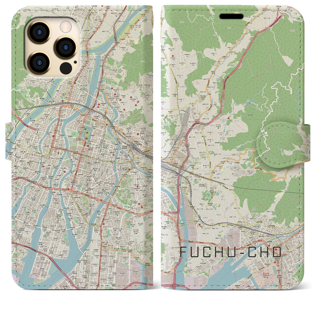 【府中町(広島県)】地図柄iPhoneケース(手帳タイプ)ナチュラル・iPhone 12 Pro Max 用