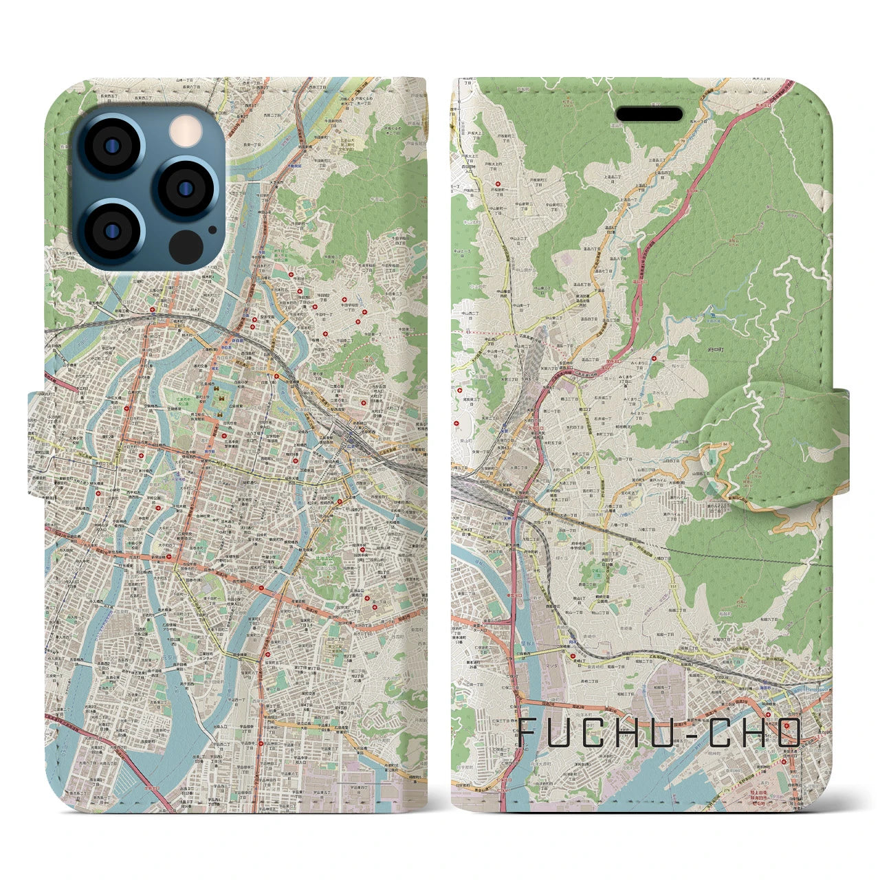 【府中町(広島県)】地図柄iPhoneケース(手帳タイプ)ナチュラル・iPhone 12 / 12 Pro 用