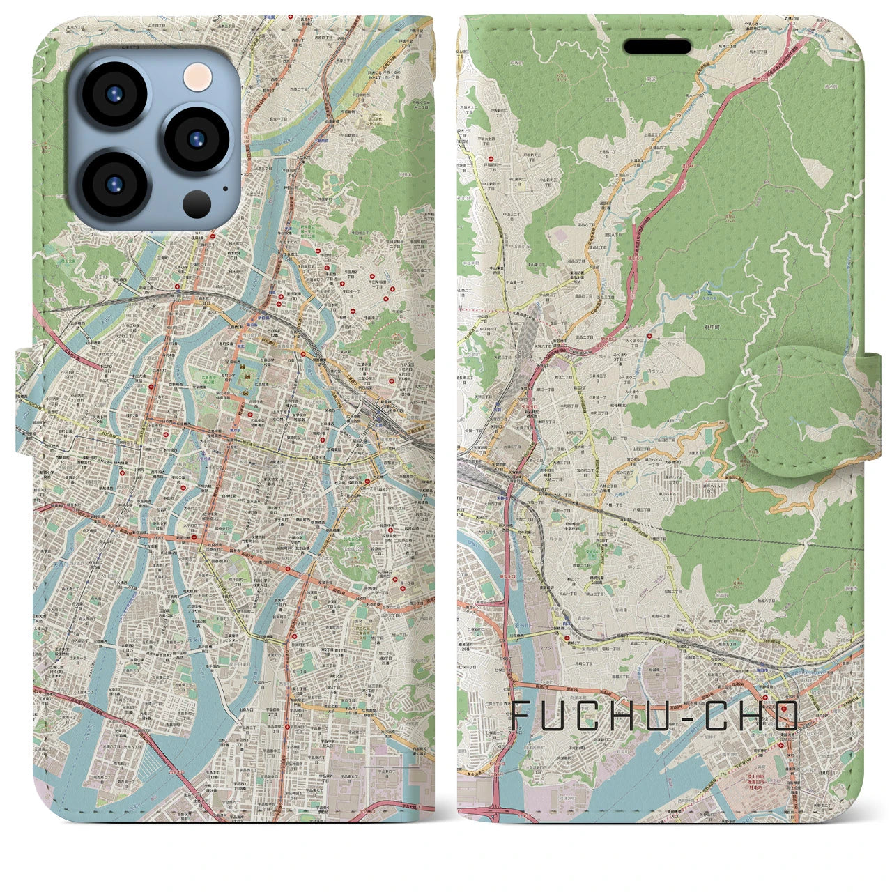 【府中町(広島県)】地図柄iPhoneケース(手帳タイプ)ナチュラル・iPhone 13 Pro Max 用