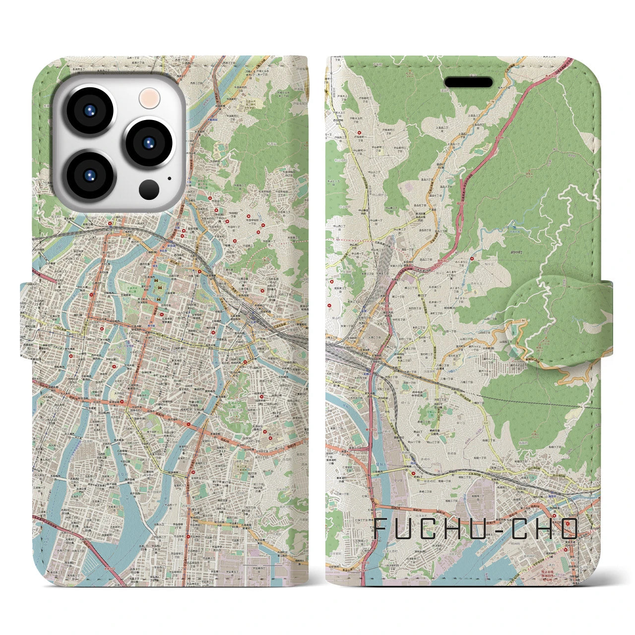 【府中町(広島県)】地図柄iPhoneケース(手帳タイプ)ナチュラル・iPhone 13 Pro 用