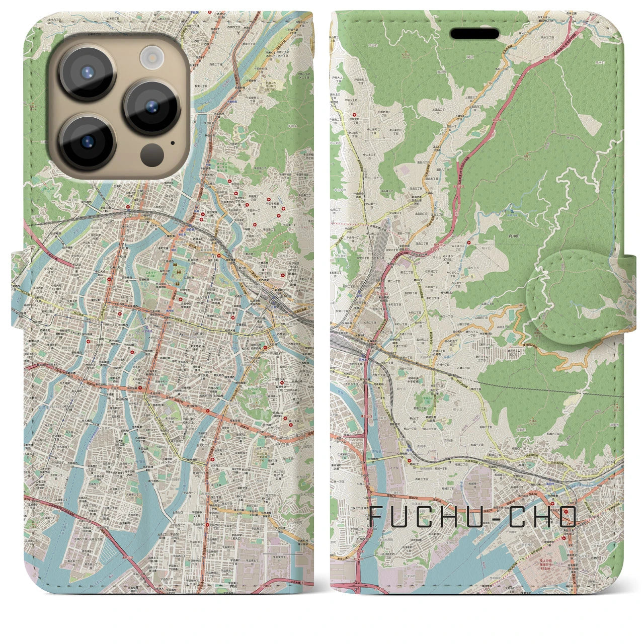 【府中町(広島県)】地図柄iPhoneケース(手帳タイプ)ナチュラル・iPhone 14 Pro Max 用