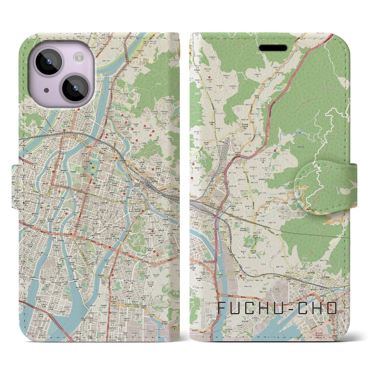 【府中町(広島県)】地図柄iPhoneケース(手帳タイプ)ナチュラル・iPhone 14 用