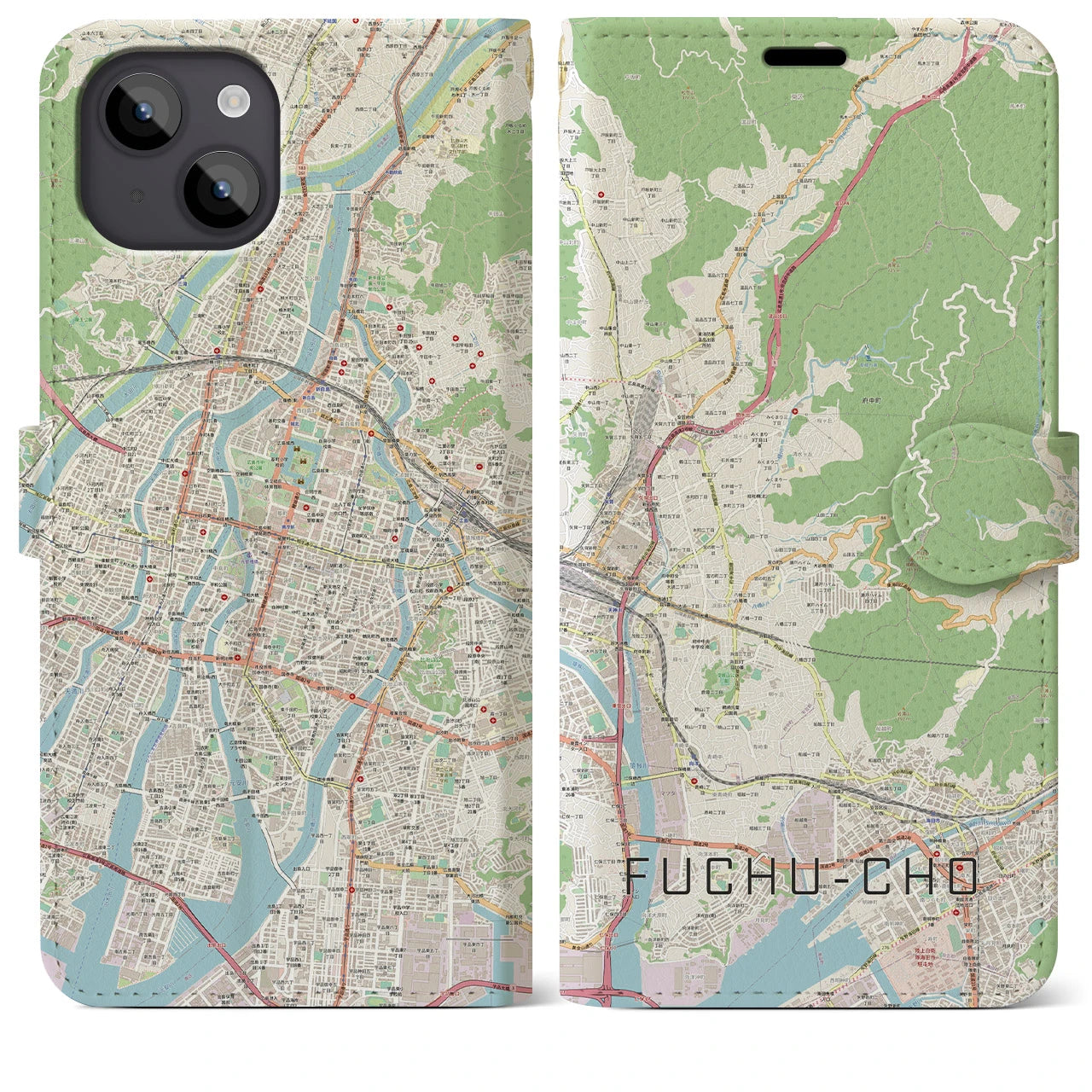 【府中町(広島県)】地図柄iPhoneケース(手帳タイプ)ナチュラル・iPhone 14 Plus 用