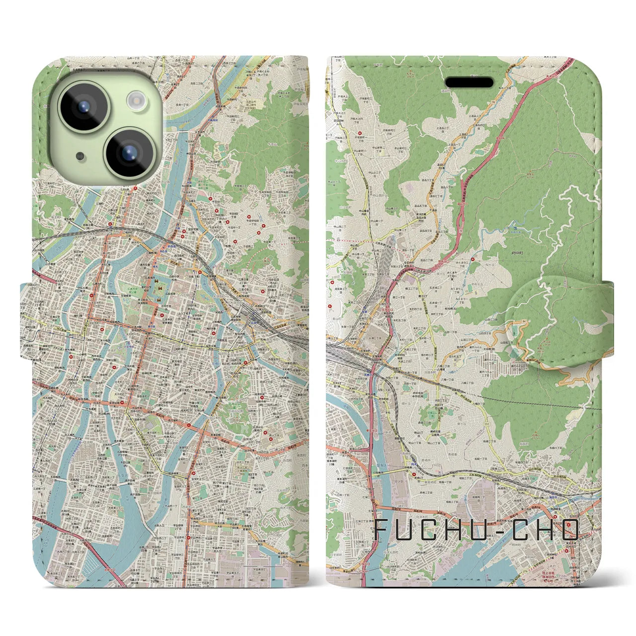 【府中町(広島県)】地図柄iPhoneケース(手帳タイプ)ナチュラル・iPhone 15 用