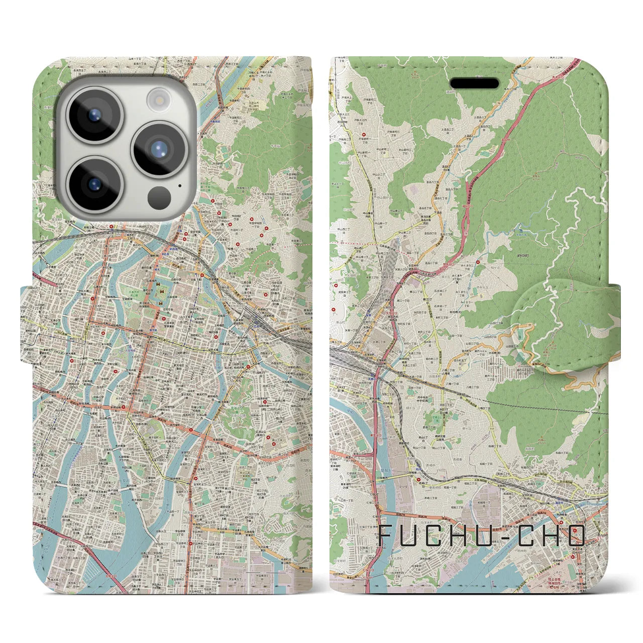【府中町(広島県)】地図柄iPhoneケース(手帳タイプ)ナチュラル・iPhone 15 Pro 用