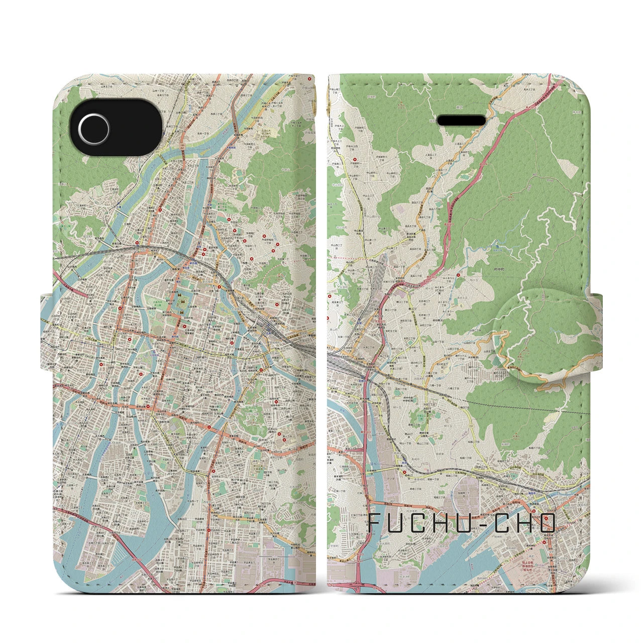 【府中町(広島県)】地図柄iPhoneケース(手帳タイプ)ナチュラル・iPhone SE(第3 / 第2世代) / 8 / 7 / 6s / 6 用
