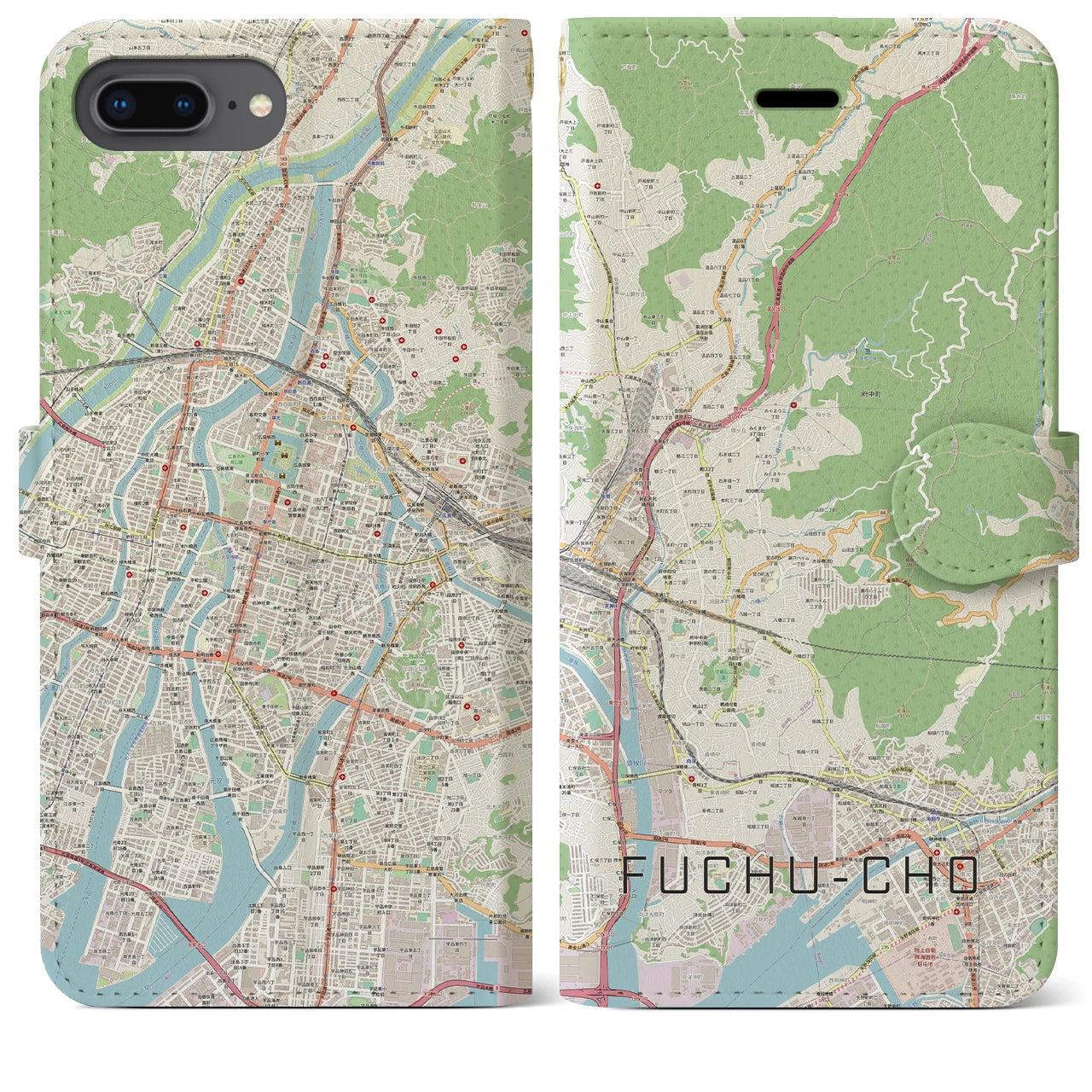 【府中町(広島県)】地図柄iPhoneケース(手帳タイプ)ナチュラル・iPhone 8Plus /7Plus / 6sPlus / 6Plus 用