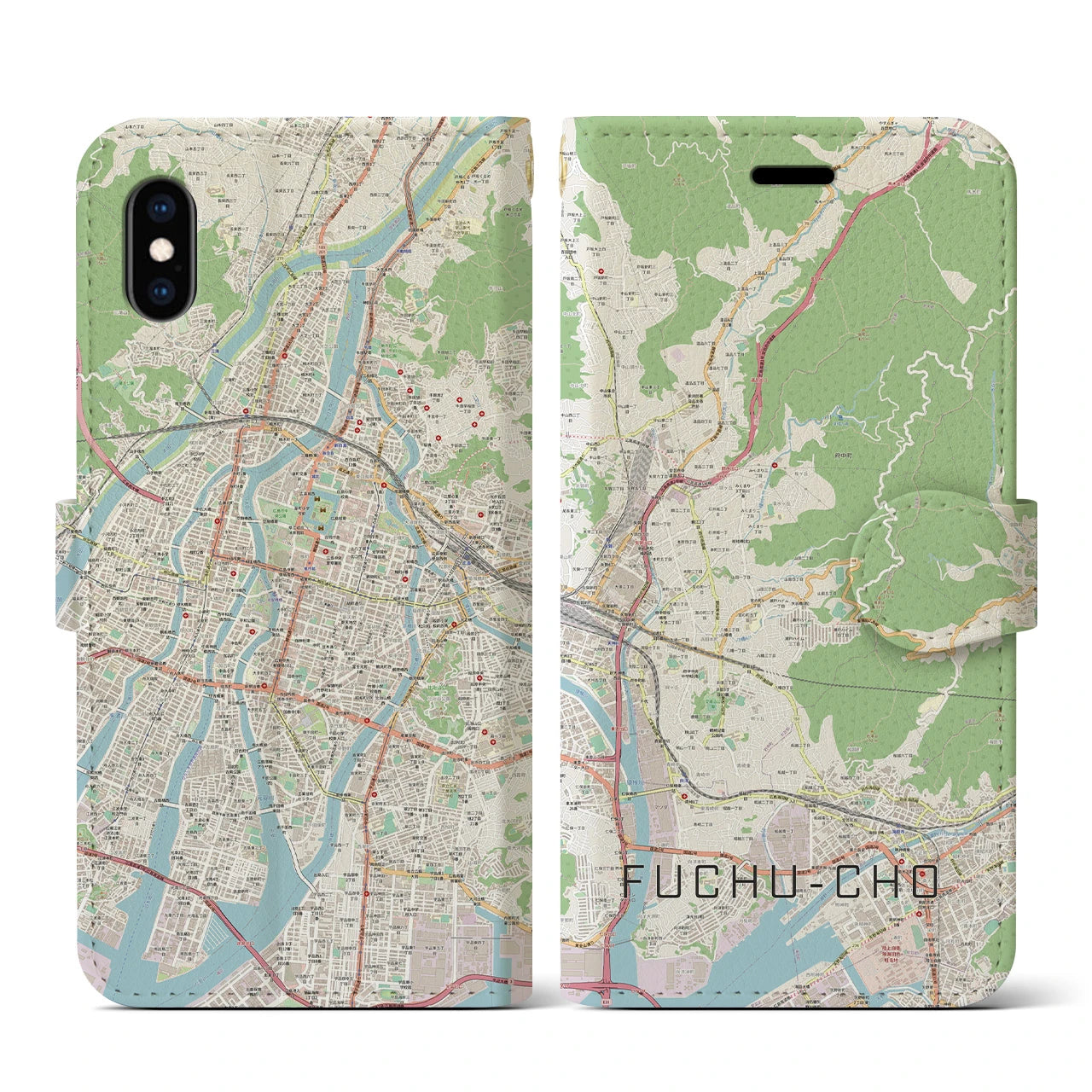 【府中町(広島県)】地図柄iPhoneケース(手帳タイプ)ナチュラル・iPhone XS / X 用