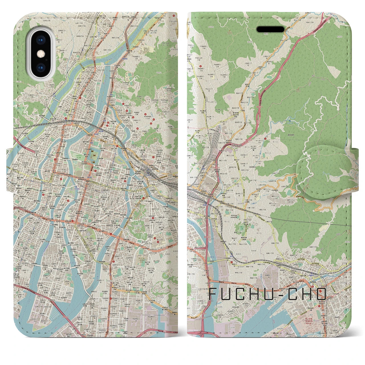 【府中町(広島県)】地図柄iPhoneケース(手帳タイプ)ナチュラル・iPhone XS Max 用