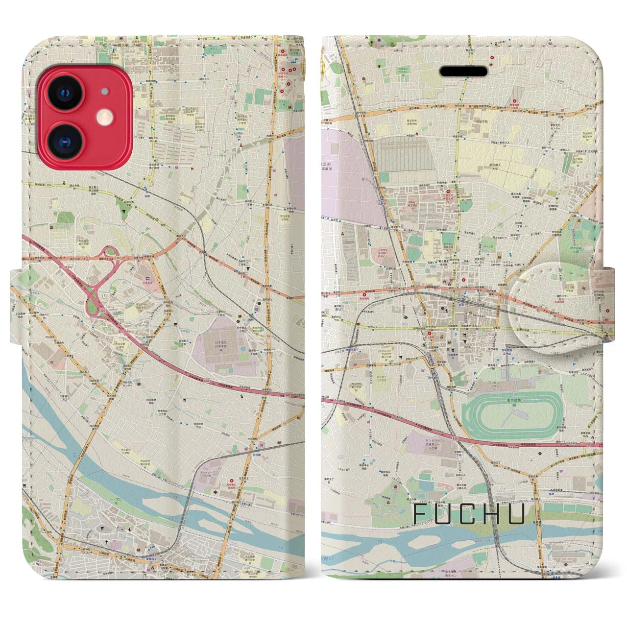 【府中(東京都)】地図柄iPhoneケース(手帳タイプ)ナチュラル・iPhone 11 用
