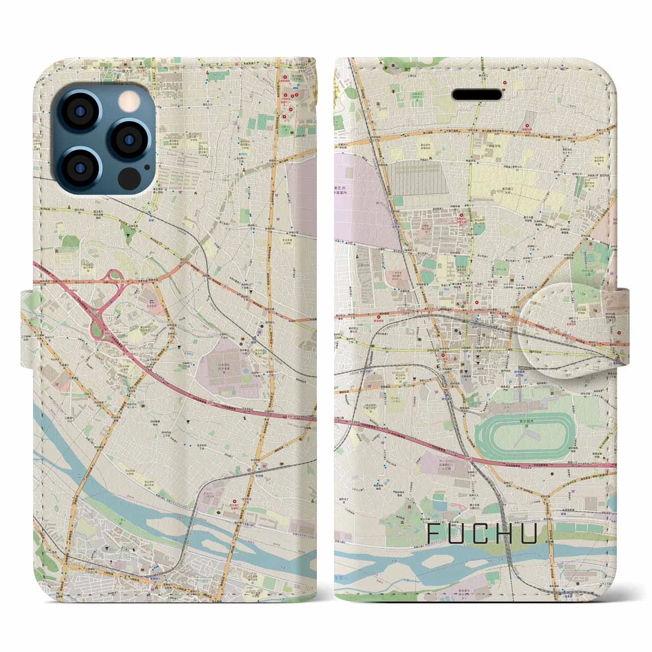 【府中(東京都)】地図柄iPhoneケース(手帳タイプ)ナチュラル・iPhone 12 / 12 Pro 用