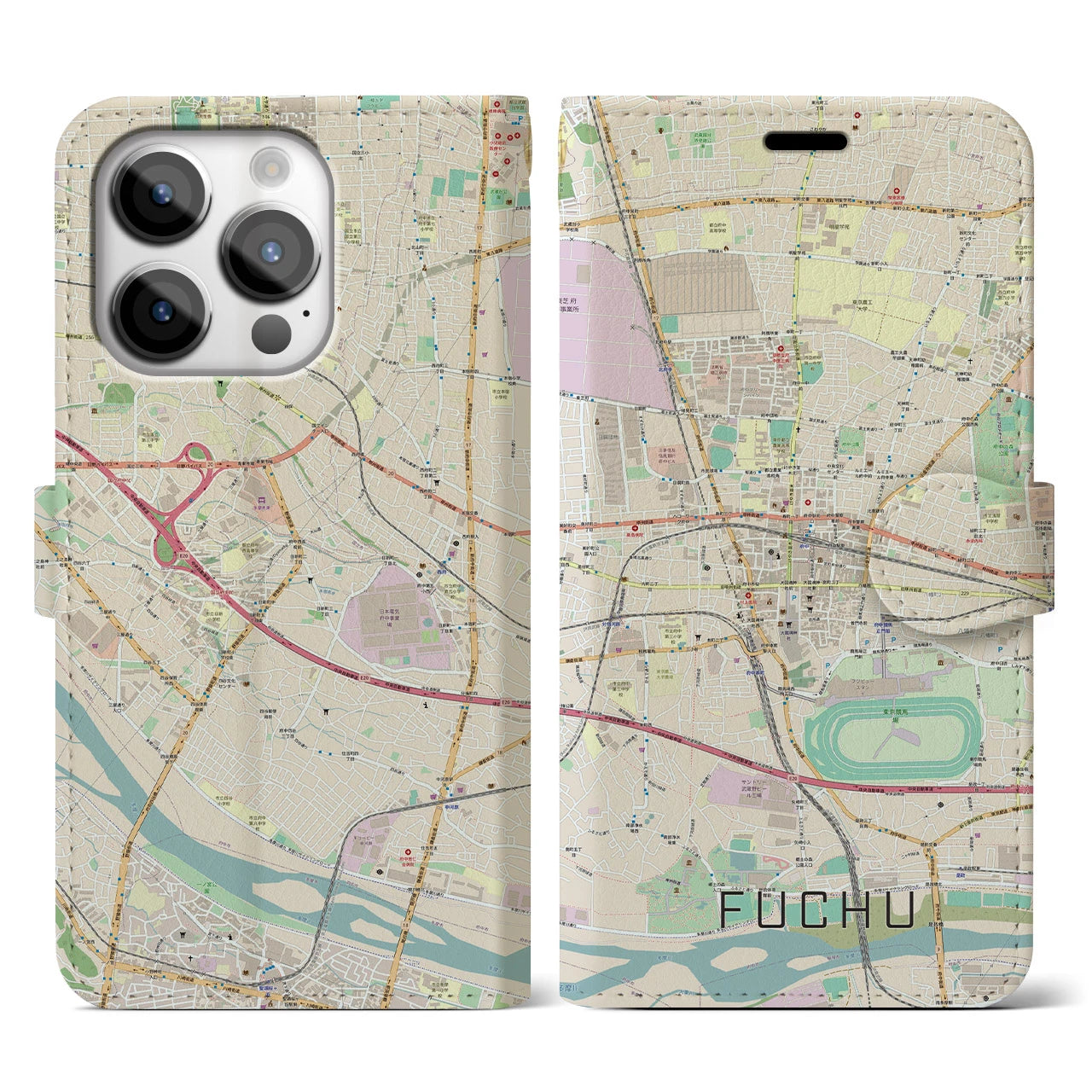 【府中(東京都)】地図柄iPhoneケース(手帳タイプ)ナチュラル・iPhone 14 Pro 用