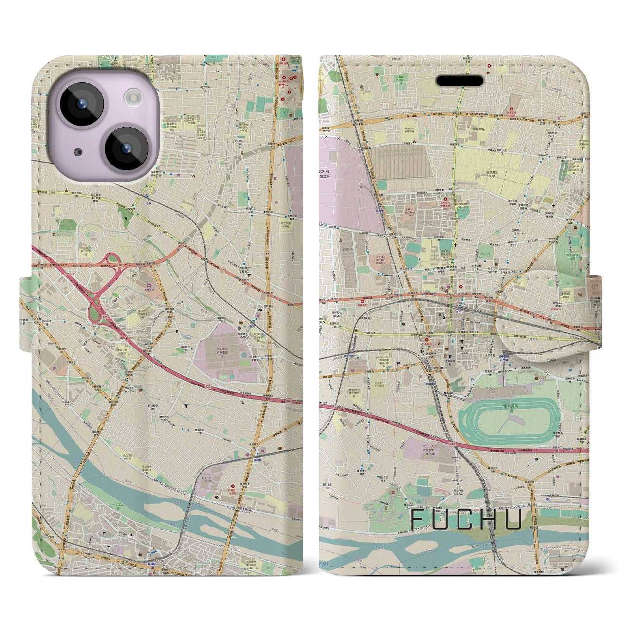 【府中(東京都)】地図柄iPhoneケース(手帳タイプ)ナチュラル・iPhone 14 用