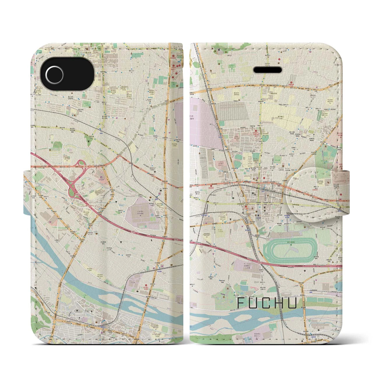 【府中(東京都)】地図柄iPhoneケース(手帳タイプ)ナチュラル・iPhone SE(第3 / 第2世代) / 8 / 7 / 6s / 6 用