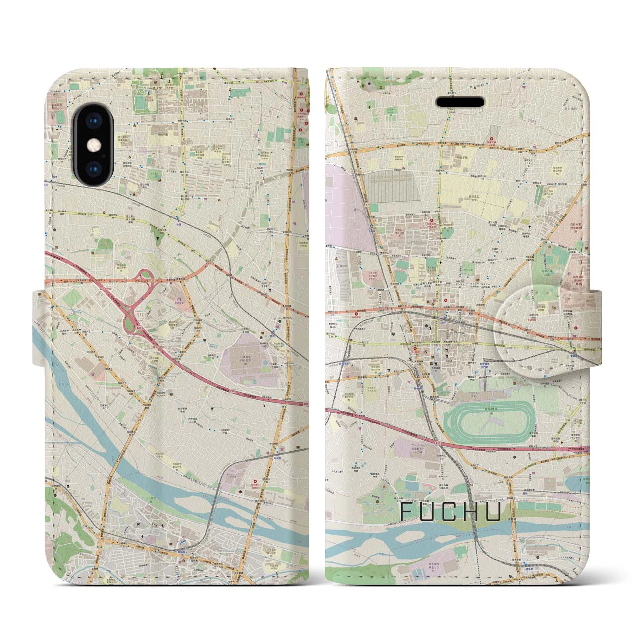 【府中(東京都)】地図柄iPhoneケース(手帳タイプ)ナチュラル・iPhone XS / X 用