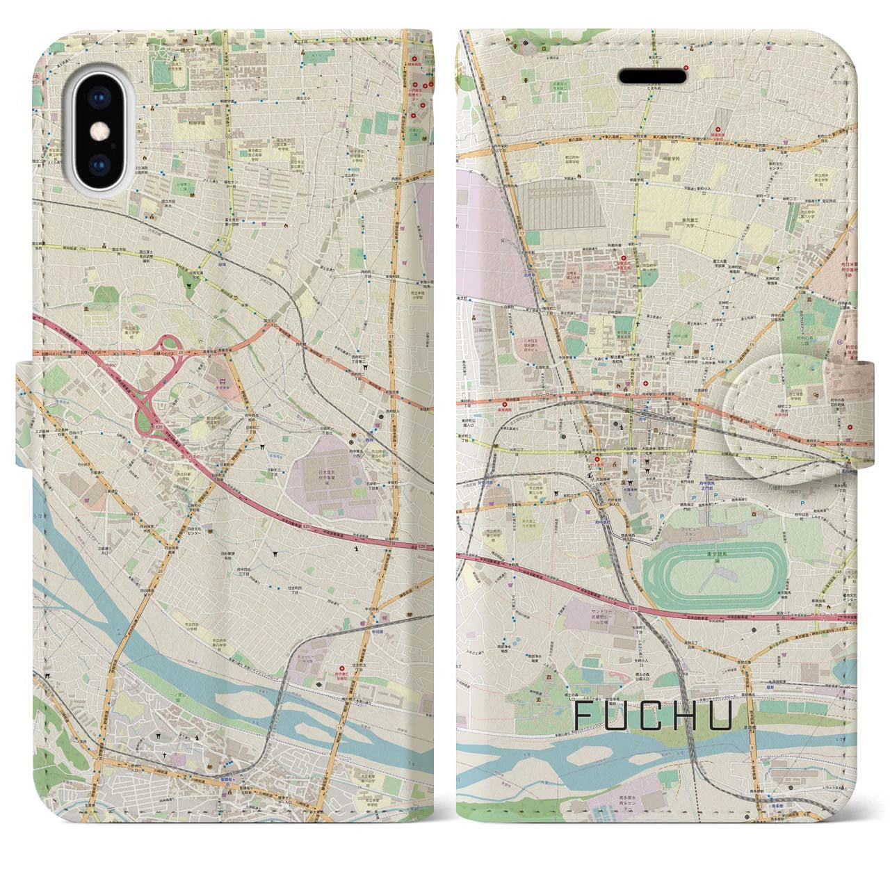 【府中(東京都)】地図柄iPhoneケース(手帳タイプ)ナチュラル・iPhone XS Max 用