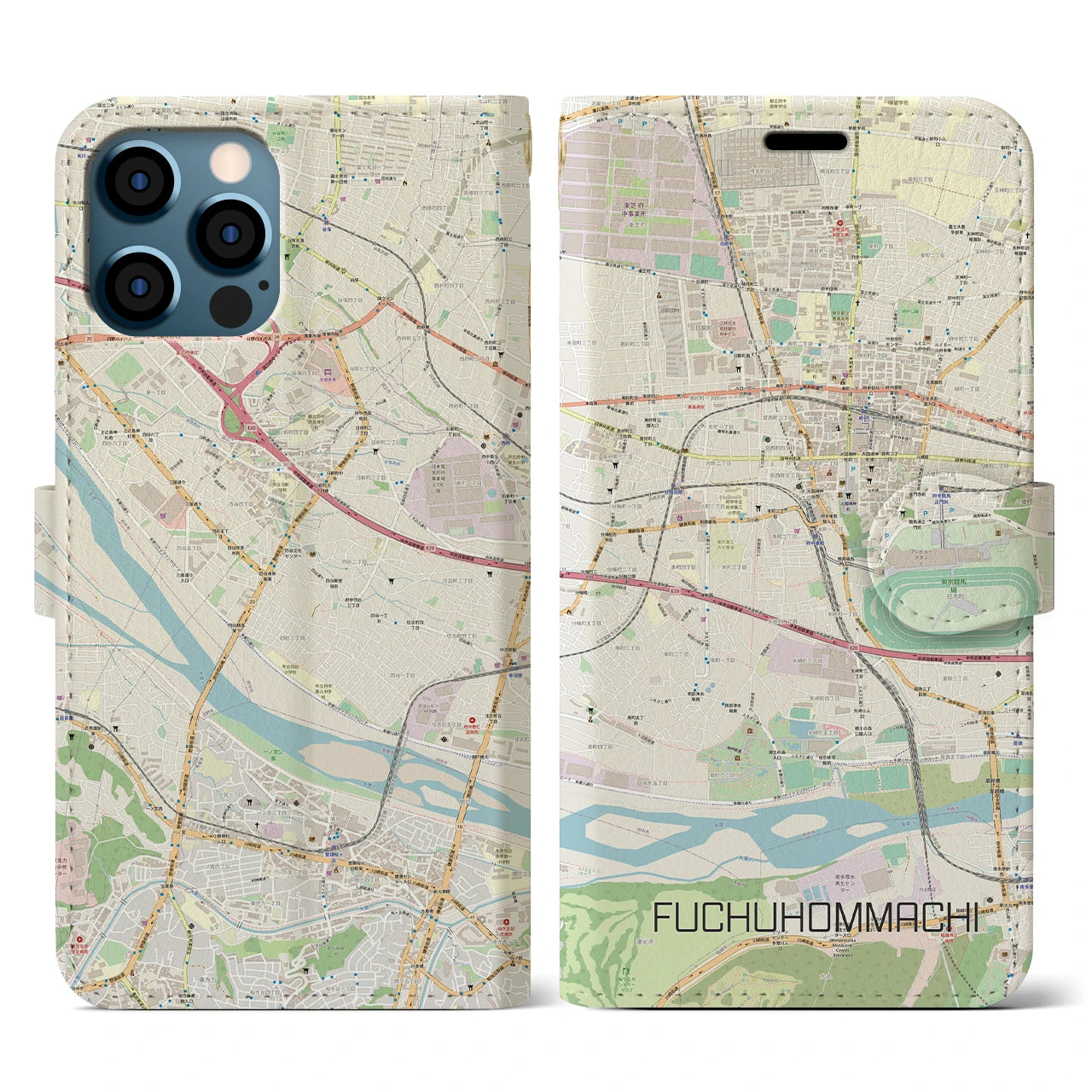 【府中本町(東京都)】地図柄iPhoneケース(手帳タイプ)ナチュラル・iPhone 12 / 12 Pro 用
