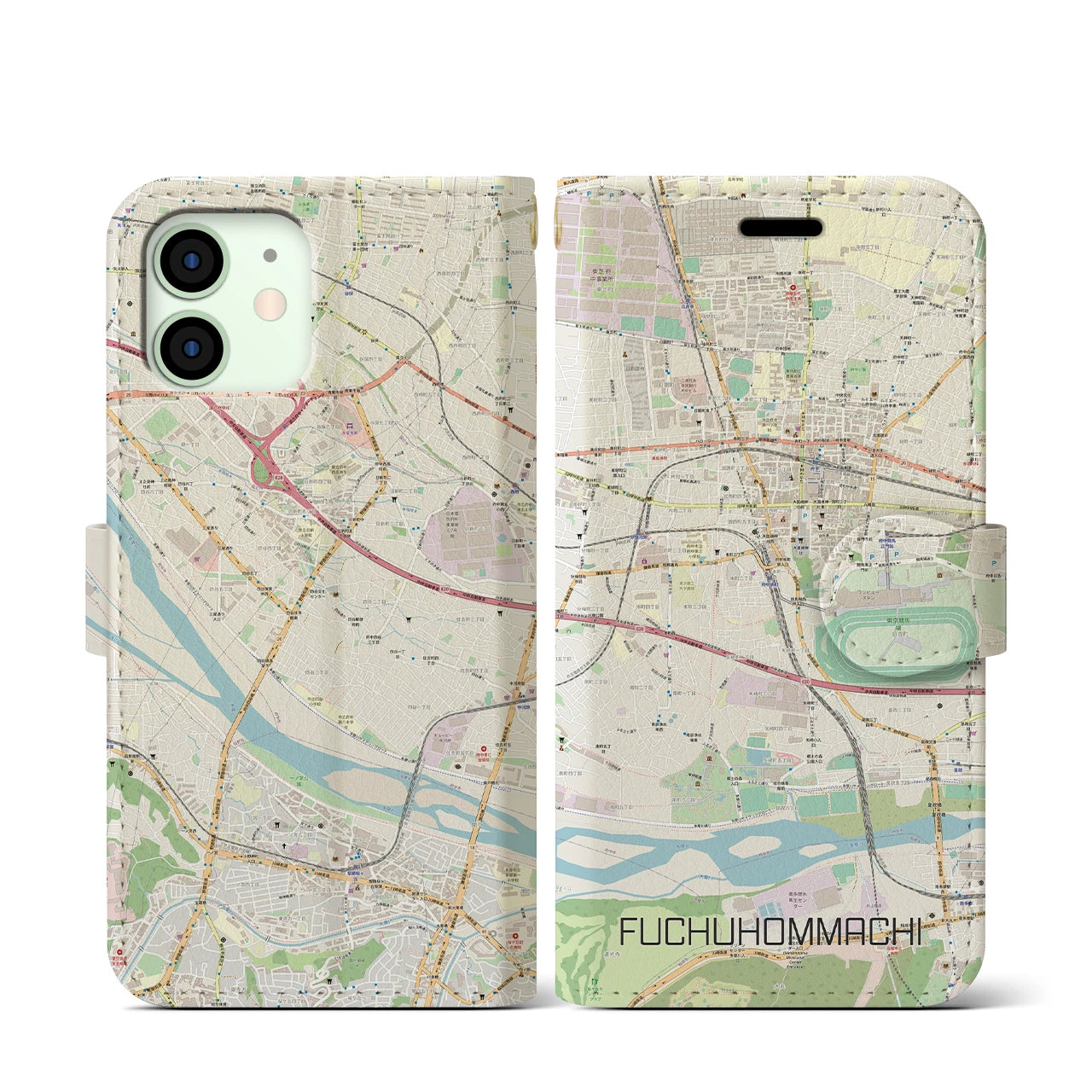【府中本町(東京都)】地図柄iPhoneケース(手帳タイプ)ナチュラル・iPhone 12 mini 用