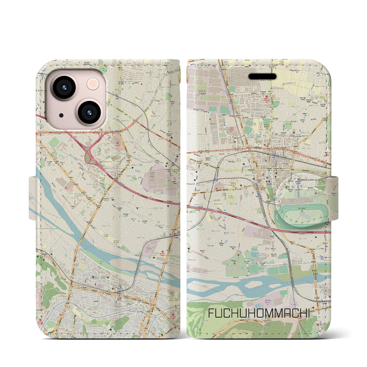 【府中本町(東京都)】地図柄iPhoneケース(手帳タイプ)ナチュラル・iPhone 13 mini 用