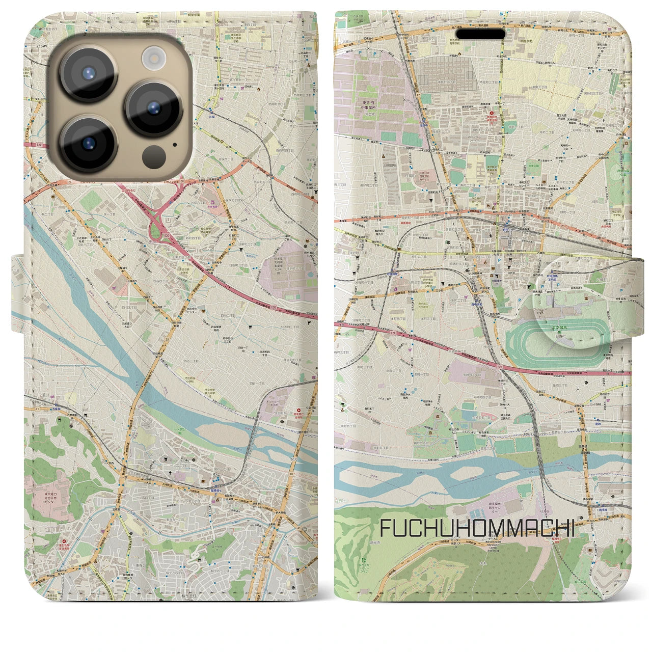 【府中本町(東京都)】地図柄iPhoneケース(手帳タイプ)ナチュラル・iPhone 14 Pro Max 用