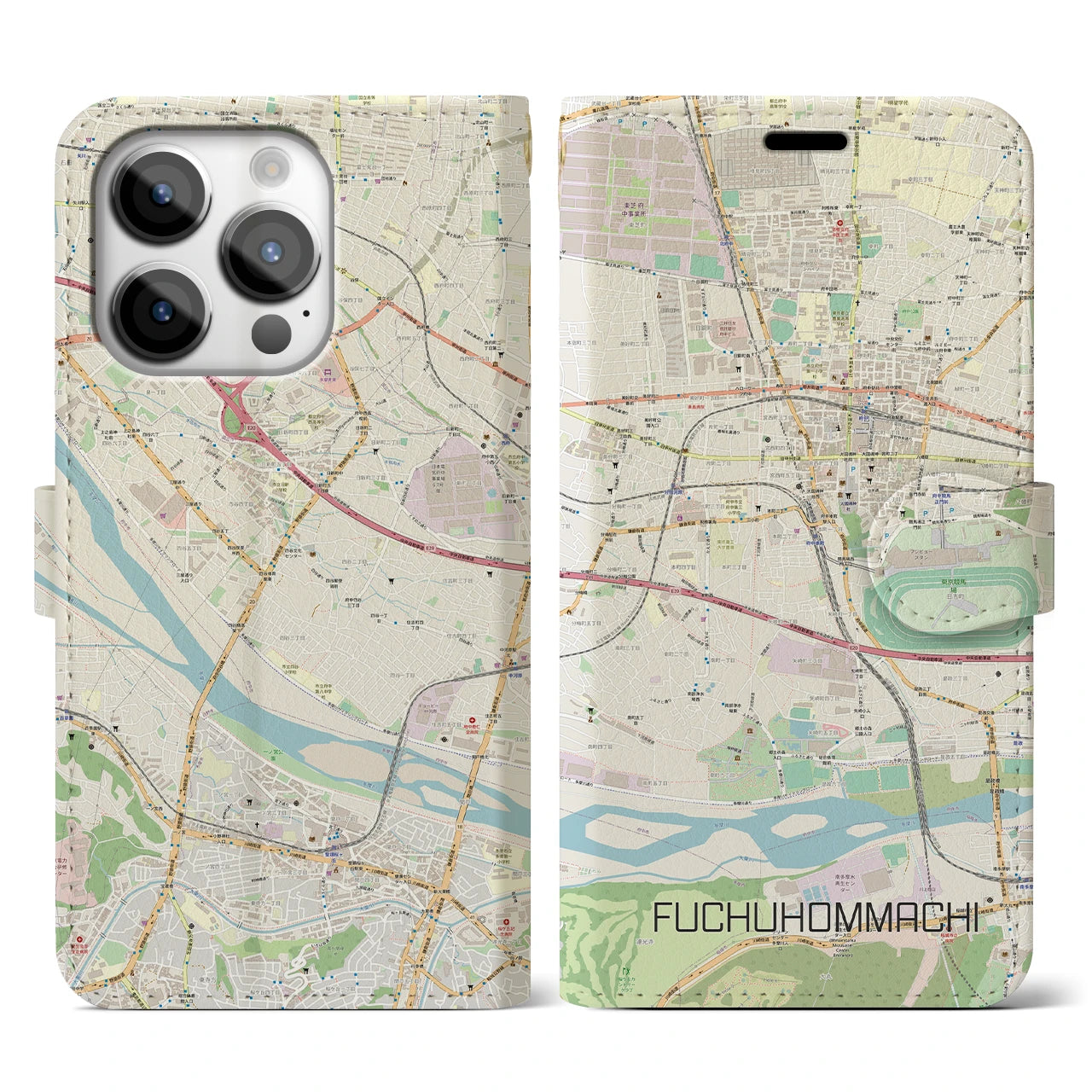 【府中本町(東京都)】地図柄iPhoneケース(手帳タイプ)ナチュラル・iPhone 14 Pro 用