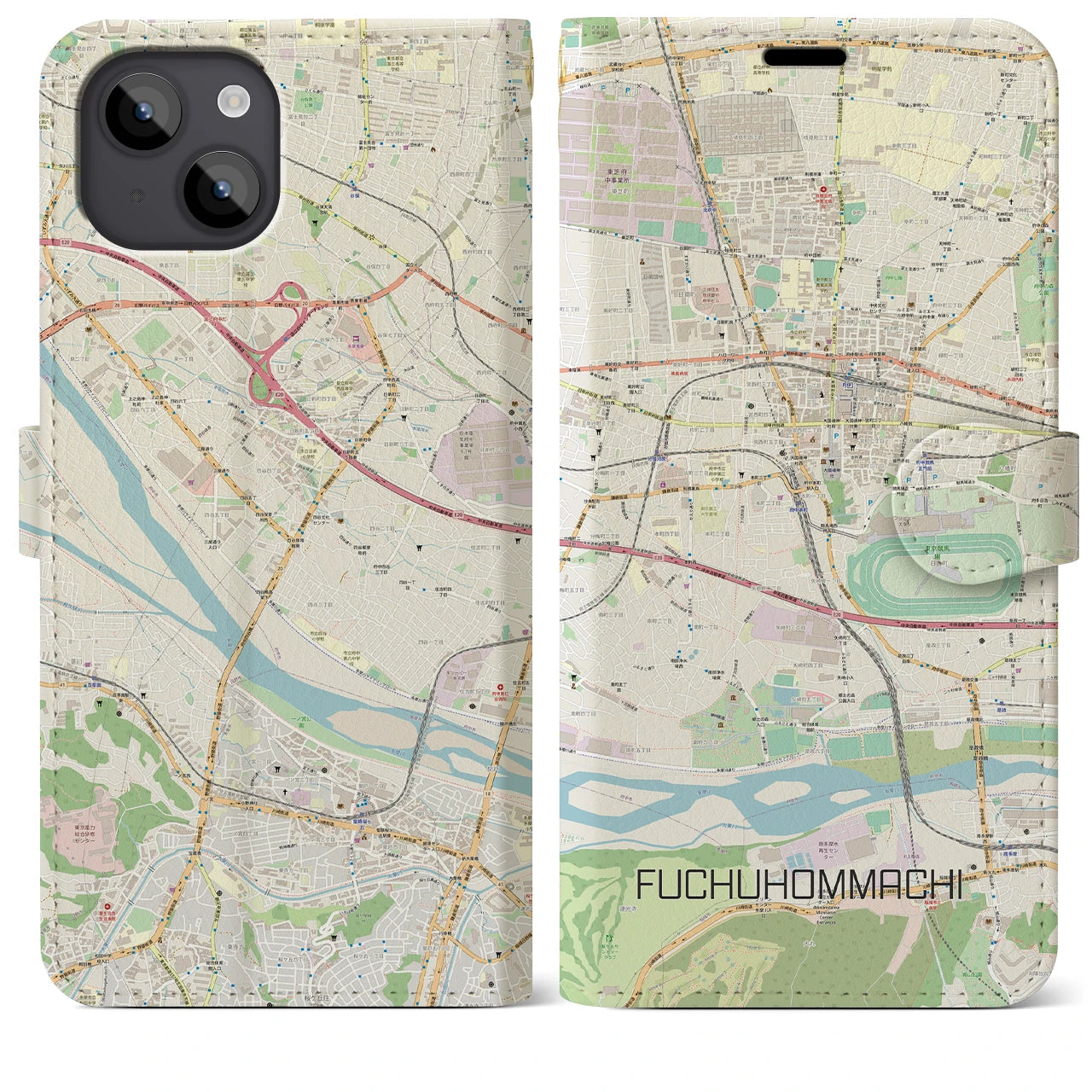 【府中本町(東京都)】地図柄iPhoneケース(手帳タイプ)ナチュラル・iPhone 14 Plus 用
