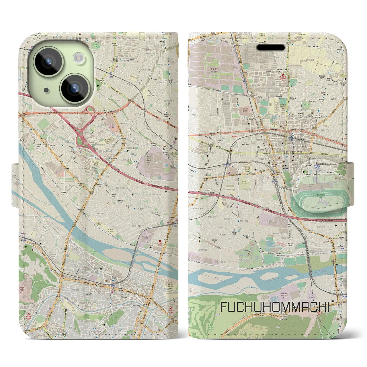 【府中本町(東京都)】地図柄iPhoneケース(手帳タイプ)ナチュラル・iPhone 15 用