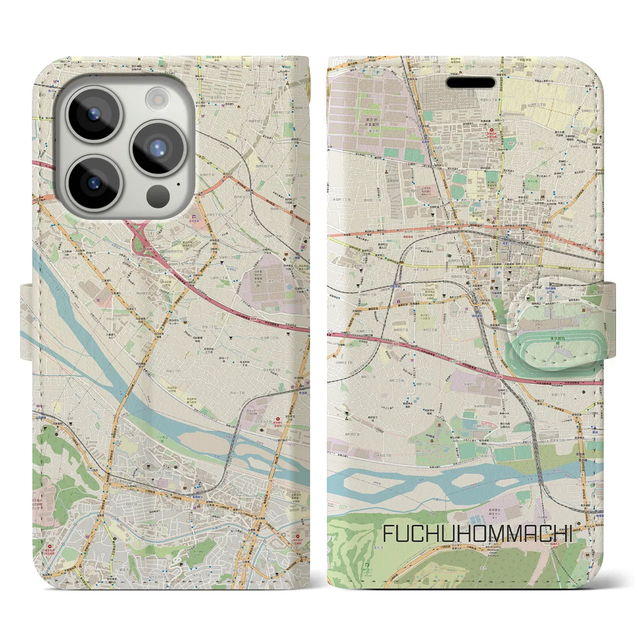 【府中本町(東京都)】地図柄iPhoneケース(手帳タイプ)ナチュラル・iPhone 15 Pro 用