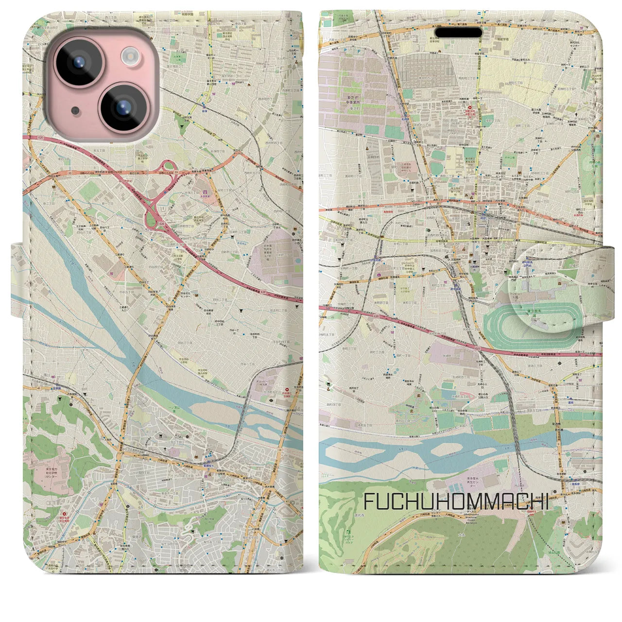 【府中本町(東京都)】地図柄iPhoneケース(手帳タイプ)ナチュラル・iPhone 15 Plus 用