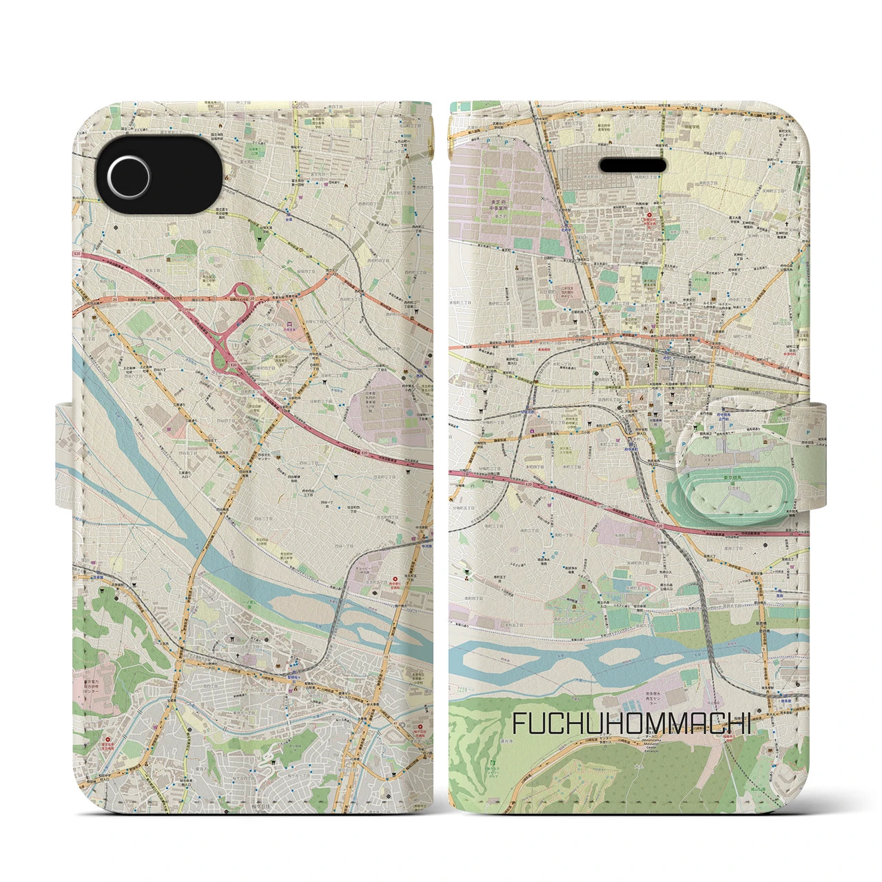 【府中本町(東京都)】地図柄iPhoneケース(手帳タイプ)ナチュラル・iPhone SE(第3 / 第2世代) / 8 / 7 / 6s / 6 用
