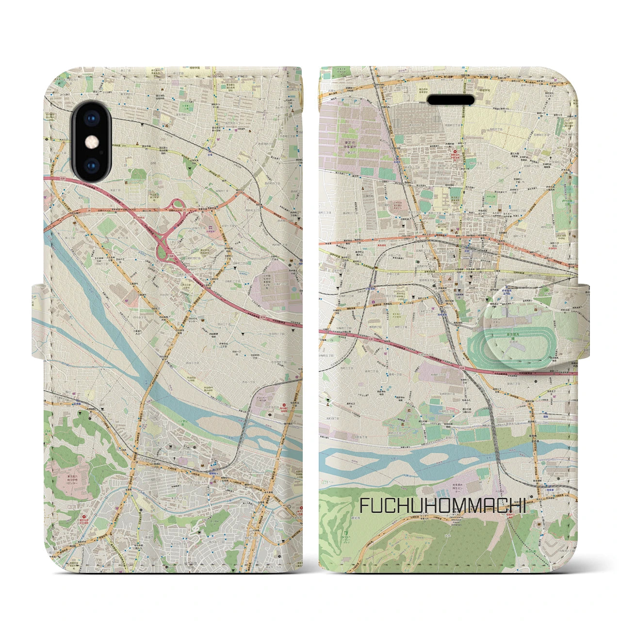 【府中本町(東京都)】地図柄iPhoneケース(手帳タイプ)ナチュラル・iPhone XS / X 用