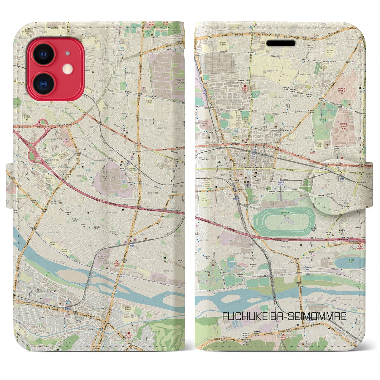 【府中競馬正門前(東京都)】地図柄iPhoneケース(手帳タイプ)ナチュラル・iPhone 11 用