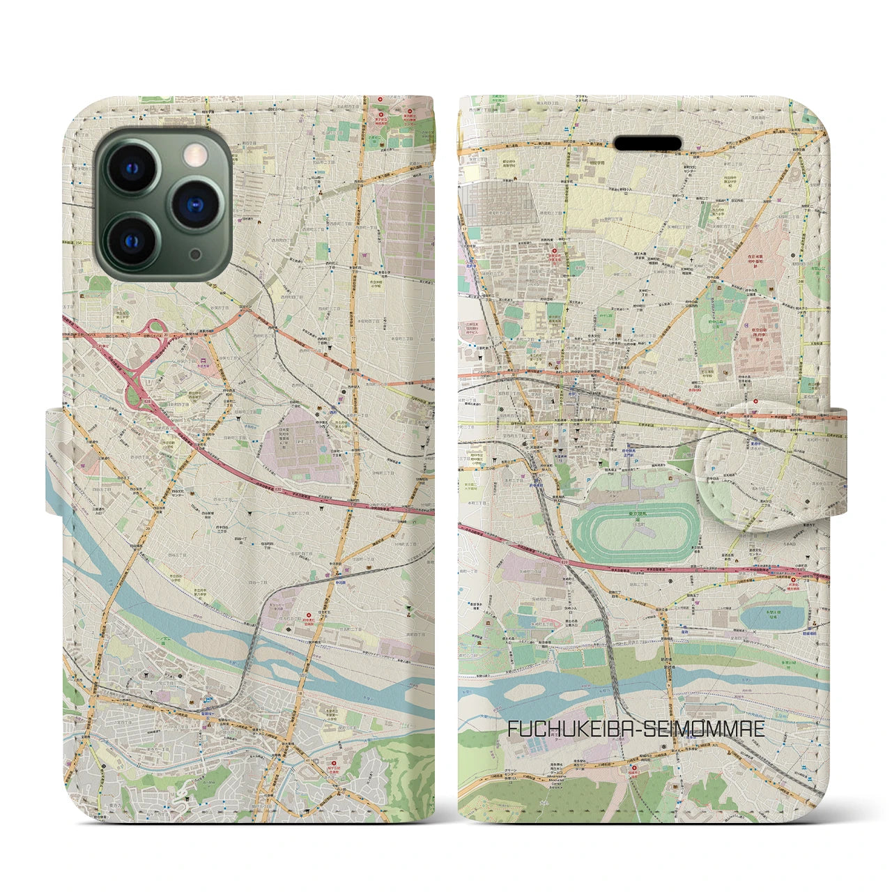 【府中競馬正門前(東京都)】地図柄iPhoneケース(手帳タイプ)ナチュラル・iPhone 11 Pro 用