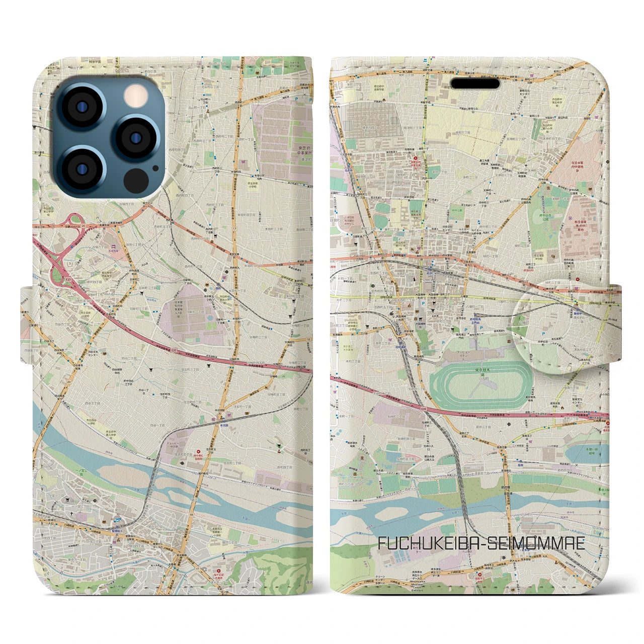 【府中競馬正門前(東京都)】地図柄iPhoneケース(手帳タイプ)ナチュラル・iPhone 12 / 12 Pro 用