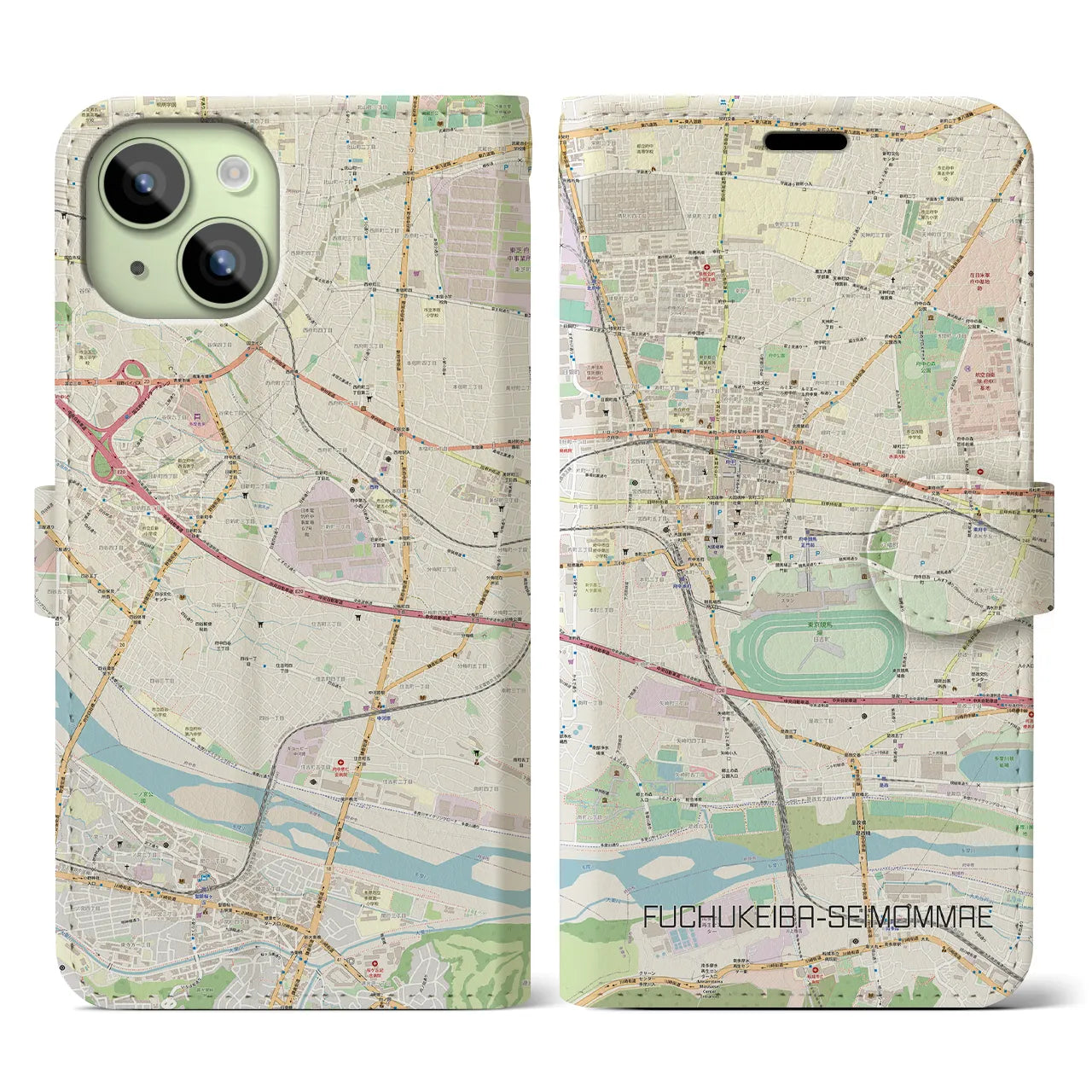 【府中競馬正門前(東京都)】地図柄iPhoneケース(手帳タイプ)ナチュラル・iPhone 15 用