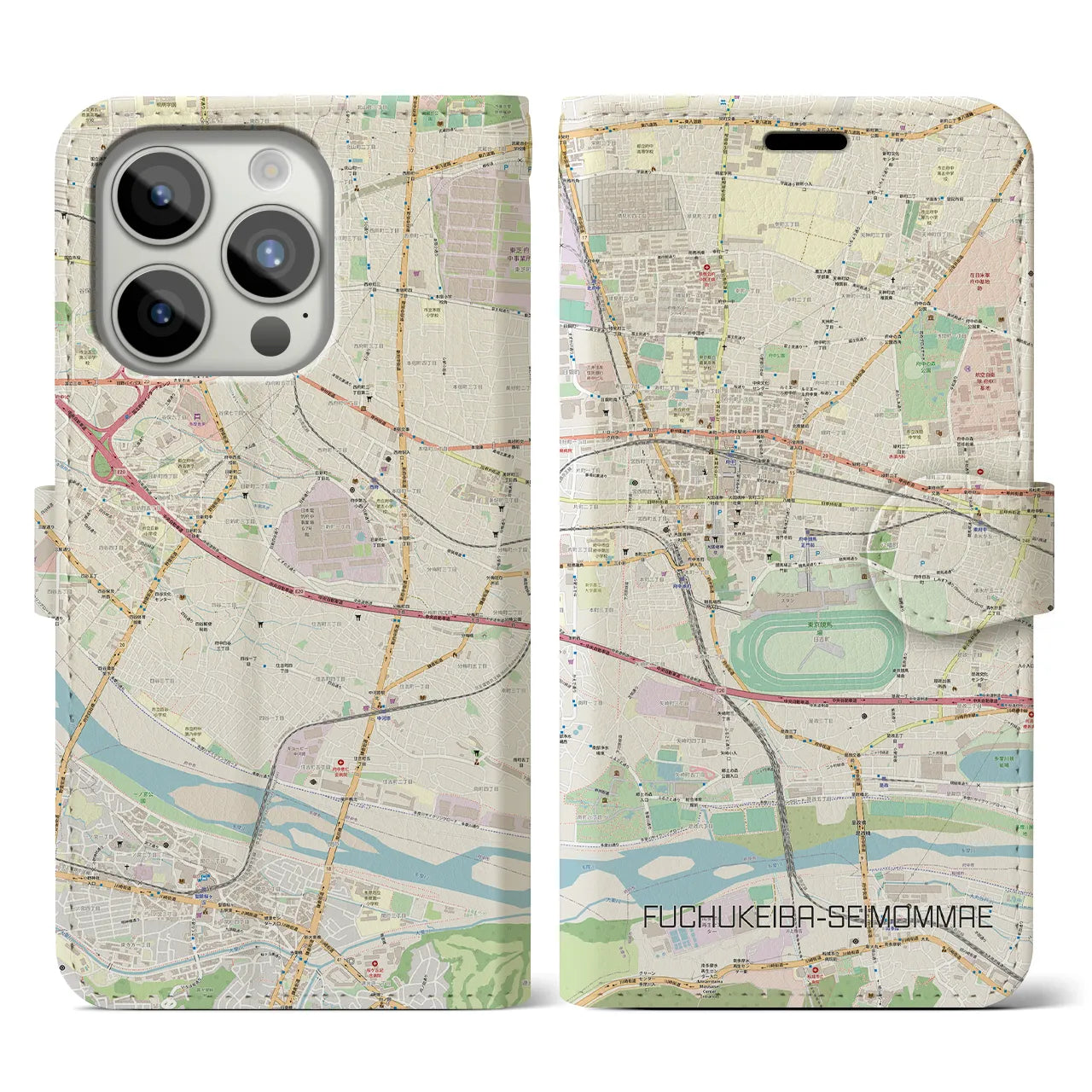 【府中競馬正門前(東京都)】地図柄iPhoneケース(手帳タイプ)ナチュラル・iPhone 15 Pro 用