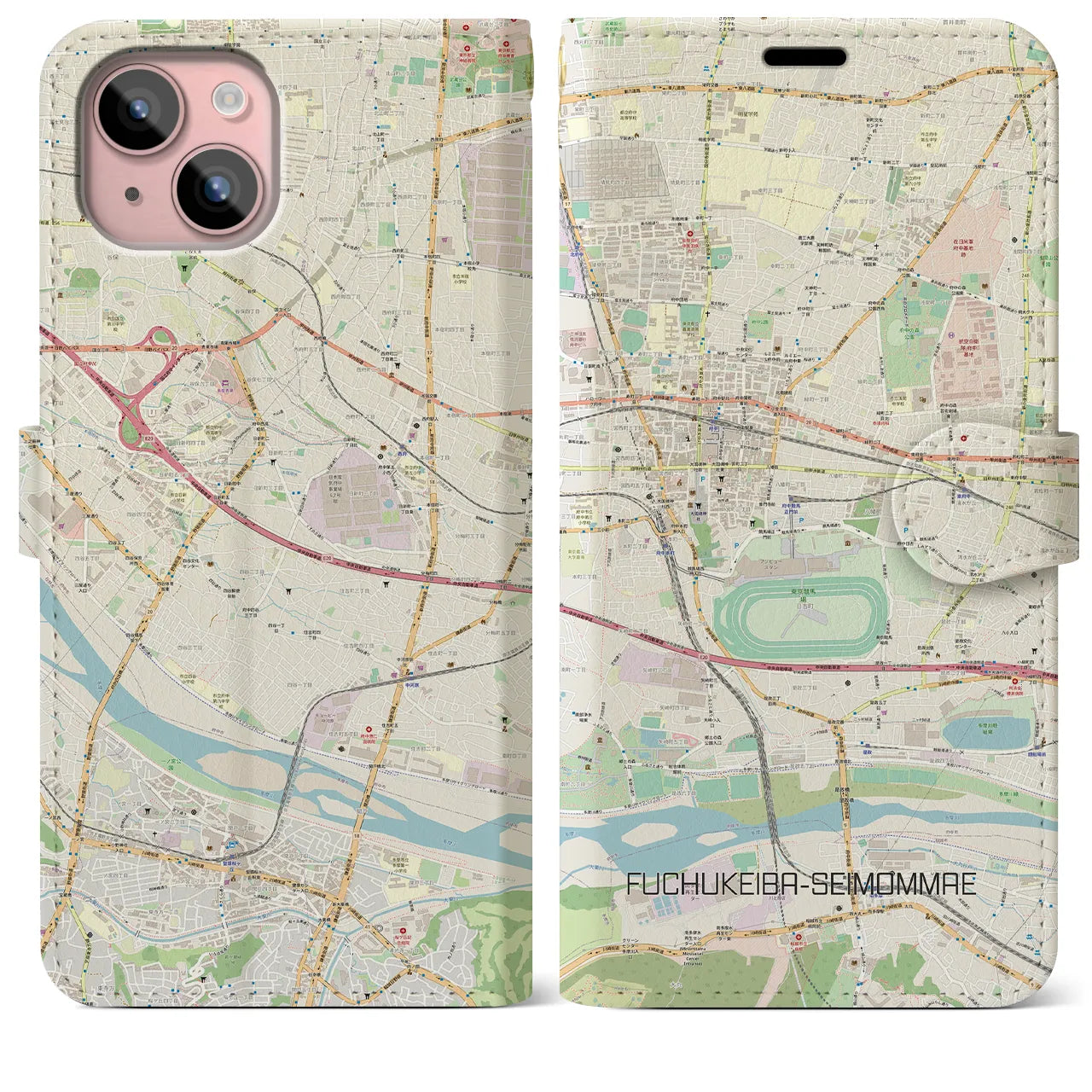 【府中競馬正門前(東京都)】地図柄iPhoneケース(手帳タイプ)ナチュラル・iPhone 15 Plus 用