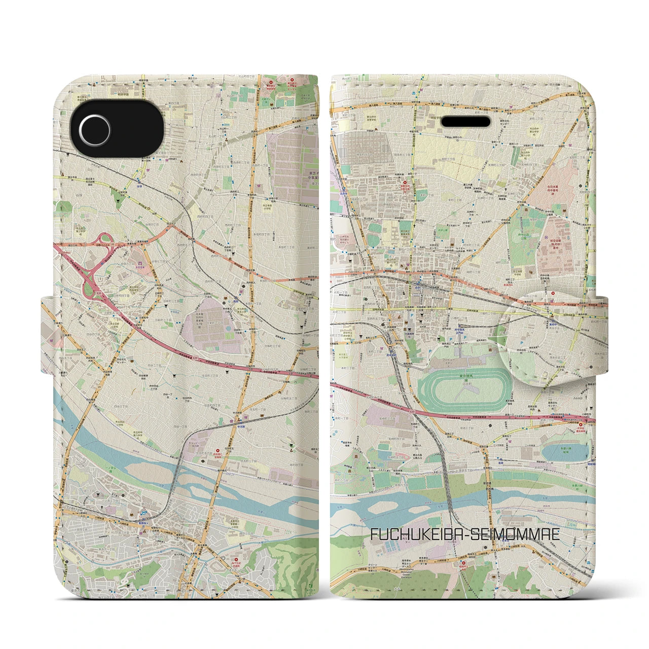 【府中競馬正門前(東京都)】地図柄iPhoneケース(手帳タイプ)ナチュラル・iPhone SE(第3 / 第2世代) / 8 / 7 / 6s / 6 用