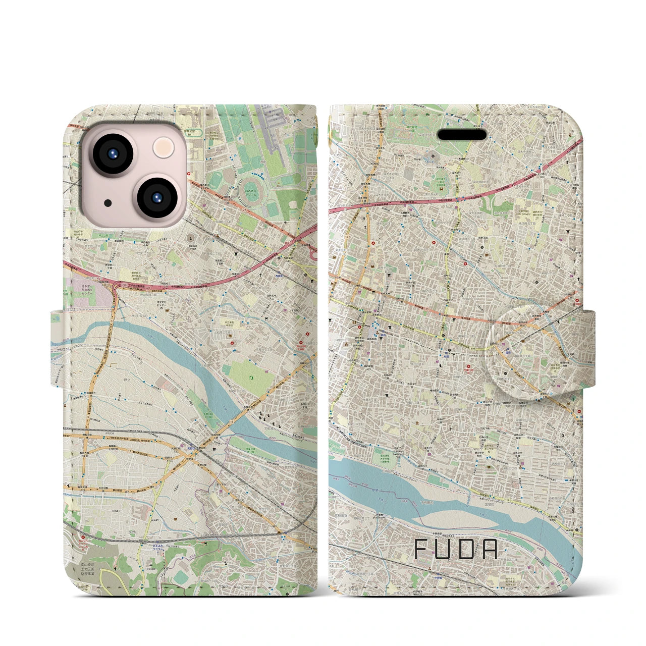 【布田(東京都)】地図柄iPhoneケース(手帳タイプ)ナチュラル・iPhone 13 mini 用