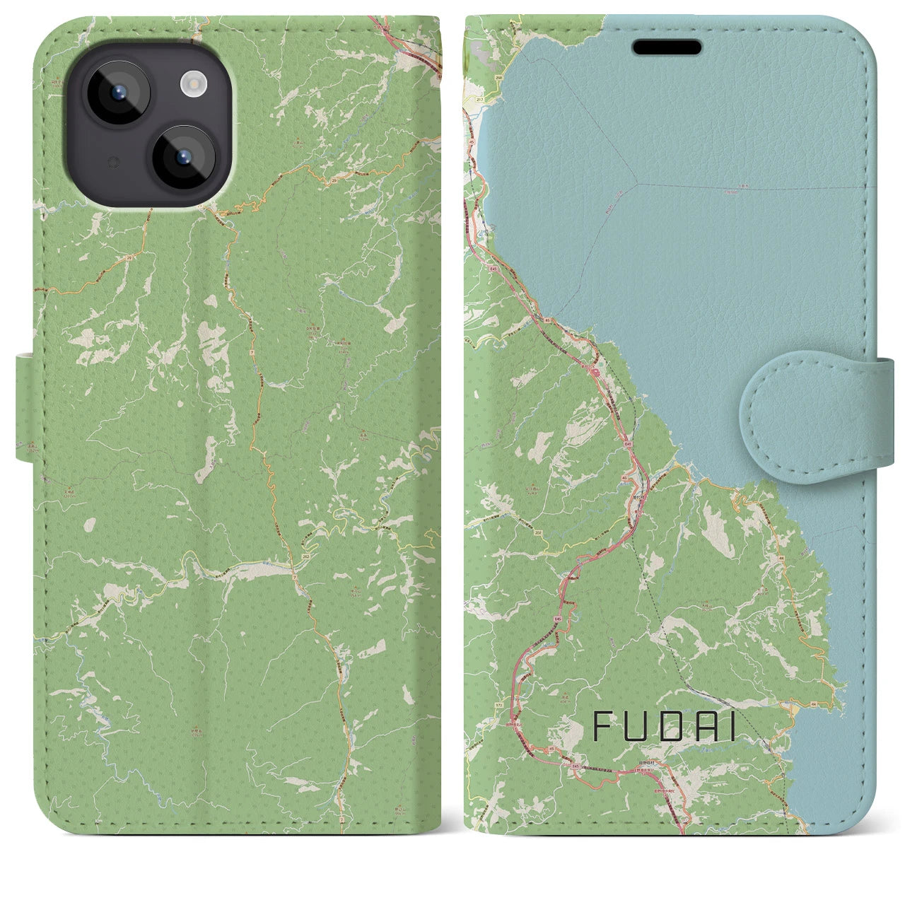 【普代(岩手県)】地図柄iPhoneケース(手帳タイプ)ナチュラル・iPhone 14 Plus 用