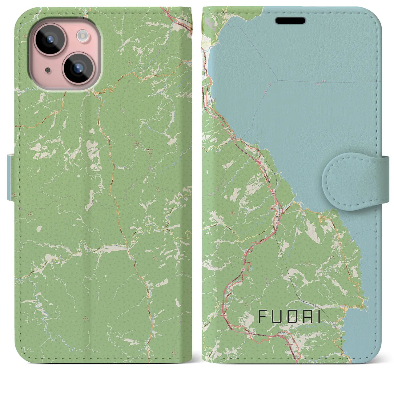 【普代(岩手県)】地図柄iPhoneケース(手帳タイプ)ナチュラル・iPhone 15 Plus 用