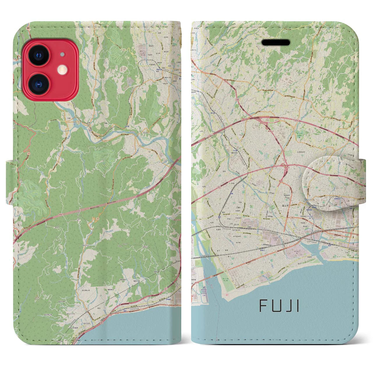 【富士(静岡県)】地図柄iPhoneケース(手帳タイプ)ナチュラル・iPhone 11 用
