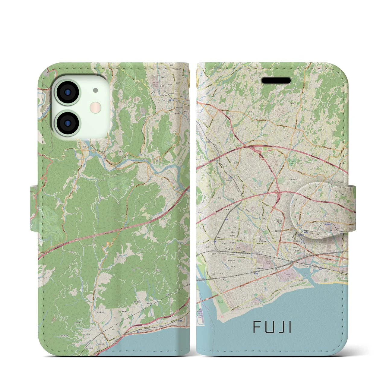 【富士(静岡県)】地図柄iPhoneケース(手帳タイプ)ナチュラル・iPhone 12 mini 用